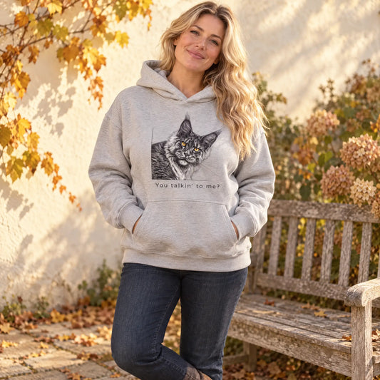 You Talkin' to Me? women's hoodie with a Maine Coon cat illustration by Robert Sijka